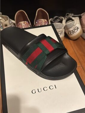 Gucci Black Slide Sandal with Green and Red Web Detail